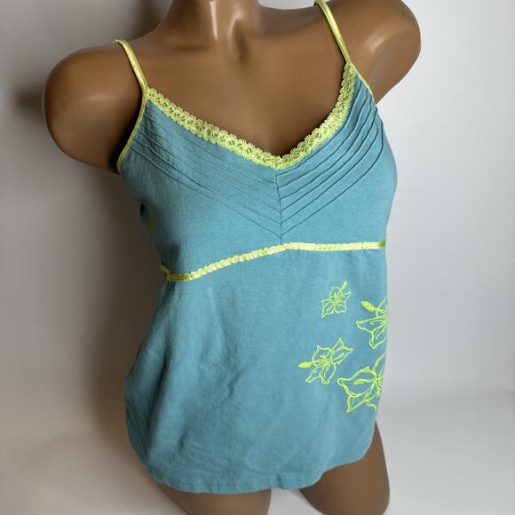 Dunia Tops - Y2K Dunia Aqua Cami Top Yellow Lace Trim Floral Graphic Tank Large Soft Girl